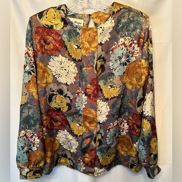 Jeri Marque 80s VTG Colorful Satin Floral Art Deco Button Down Blouse Size 14 - Picture 1 of 10